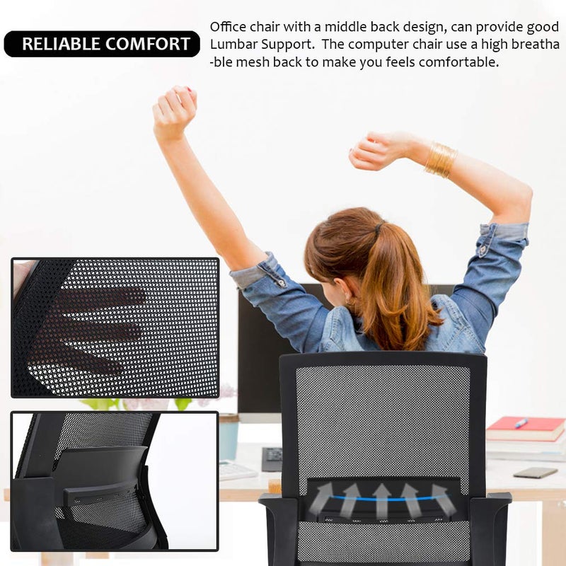BestOffice Swivel Rolling Computer Chair Executive Lumbar Support Task Mesh Chair Adjustable Stool for Women Men (Black) - Image 4